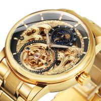 ZZOOI WINNER Luxury Tourbillon Skeleton Automatic Mechanical Watch for Men Moon Phase Luminous Hands Gold Stainless Steel Band Watches