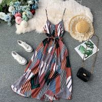 COD DSFGRDGHHHHH New Summer Spaghetti Strap Sexy Dress Vintage Women Printed Fashion V-neck Beach Wear Dresses Ladies Bandage Long Robe Vestidos