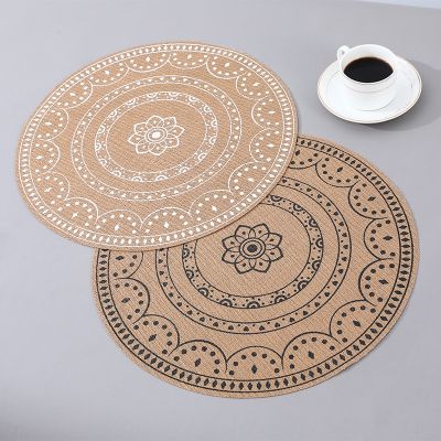 ☍☬ New product Nordic round imitation hemp PVC placemat western food mat coffee mat heat insulation mat table cloth mat anti-oil