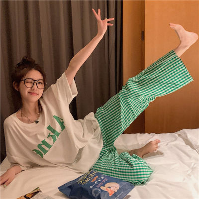 Huilun กางเกงใส่ในบ้านกางเกงนอนลายสก๊อตสีเขียวลาย MODE Korea พิมพ์กางเกงขาม้า