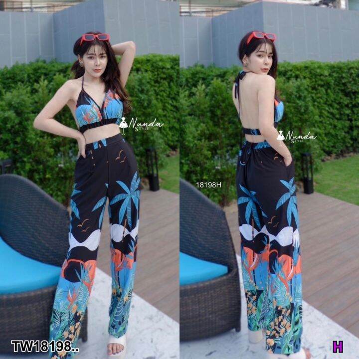 tw18198-set-2-ชิ้น-เสื้อสายผูกไหล่-พิมพ์ลาย-กางเกงขายาว