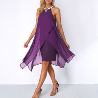 Plus Size Women Summer Round Neck Fashion Chiffon Sleeveless Dress Irregular Double Layer Beach Party sexy Loose Dresses