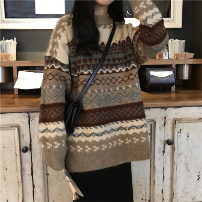 H.SA  Winter Women Sweater Pullover Knit Jumpers Loose Striped Pull Jumpers Korean Style Knitwear Casual Top Argyle Sweater