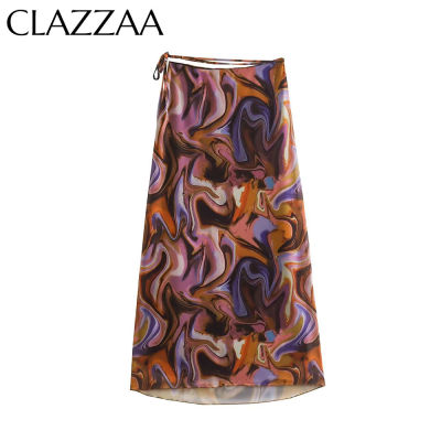 Clazzaa Women Fashion Printed Mesh Midi Skirt Vintage High Elastic Waist Lace-up Female Chic Lady Long Skirts
