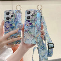 เคสโทรศัพท์สำหรับเรดมี่12 4G 5G ภาพสีน้ำมันดอกไม้สีม่วงพร้อมที่จับฝาครอบซิลิโคนนิ่มสายคล้องแบบคาดตัว