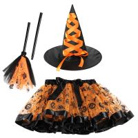 【LZ】☞  Meninas Halloween Witch Skirt Suit com Chapéu e Vassoura Malha Tutu Saia Cosplay Acessórios Traje Festival de Carnaval Festa Outfits