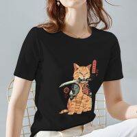 Womens Clothing T-shirt Tops Fashion Casual Cartoon Japanese Orange Cat Pattern Printing Slim Round Neck Commuter Black T-shirt