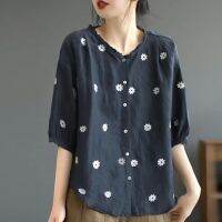 Yasuk Allcange R Casual Women Soft Tees Gentle Cotton Linen Tea Wear Button Shirt Tops Chinese Style Solid Patchwork Flower