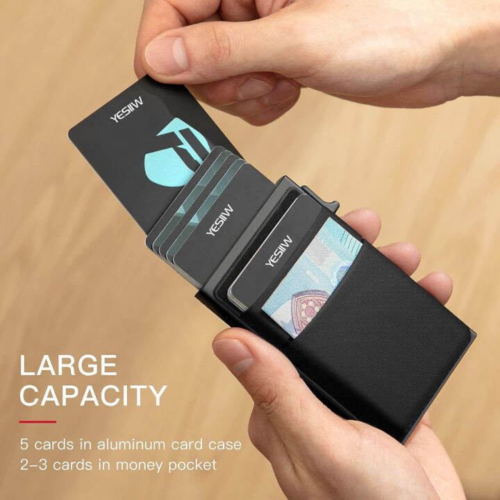 yesiiw-minimalist-pop-up-card-holder-wallet-for-men-rfid-blocking-slim-business-credit-card-wallet-with-money-pocket-aluminum-metal-bank-card-case-for-notes-and-coins-and-debit-cards-black-a1-black