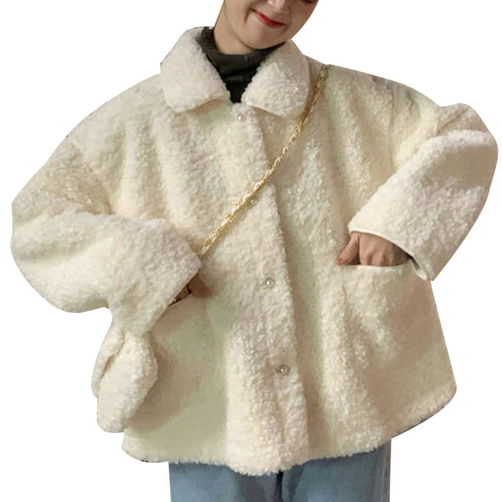 เสื้อคลุมฤดูหนาวขนแกะเทียมสำหรับผู้หญิงเสื้อคลุมตัวใหญ่กระเป๋าสองใบแฟชั่นทรงหลวม