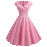 HOT★ฤดูร้อนผู้หญิงแขนสั้น V คอลำลอง Elegant Retro Pin Up Party Midi Vestidos Robe