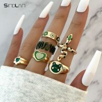 Sindlan 6Pcs Y2k Frog Green Color Rings for Women Aesthetic Cute Heart Crystal Gold Set Teenager Kpop 2022 Jewelry Anillos Mujer