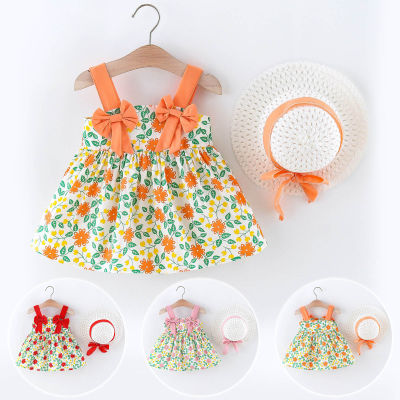 Summer Baby Girls Dress Children Sleeveless Bowknot Floral Printed Suspenders Cute Party Princess Dresses Sweet Clothes With Hat
