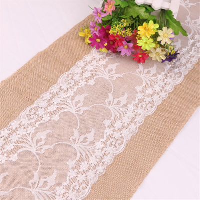 Vintage Jute Linen Hessian Lace Burlap Table Cloth Runner Wedding Country Event Accessories Carnival Christmas Party Decoration