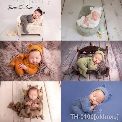 ❧✺ okhnxs Z Ann-Macacão e chapéu recém-nascido artesanal de lã conjunto orelhas urso suporte fotográfico 6 cores roupas infantis