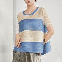 ✇ Aiden001 Average Size Pleated Summer New Korean Version Slim Tops Large Size Loose Striped T-Shirt Womens Short Sleeves SY03