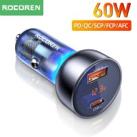 Rocoren ที่ชาร์จแบตในรถ USB 60W PD QC ชาร์จเร็ว Type C อะแดปเตอร์ชาร์จในรถยนต์ที่ชาร์จแบตในรถสำหรับ Ipad 14 13 12เหมาะสำหรับ Xiaomi Samsung ที่เหมาะกับ Huawei