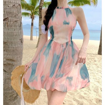 Star temperament of restoring ancient ways with new French painting tie-dye platycodon grandiflorum super fairy skirts hanging neck strap dress female in love