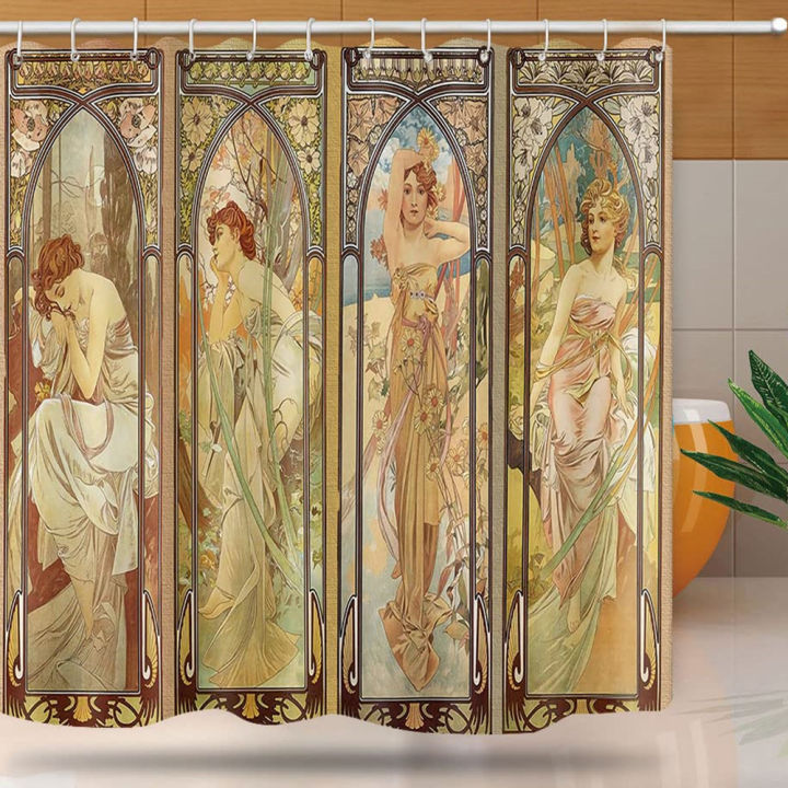 art-nouveau-lady-ม่านอาบน้ำ-aesthetic-art-times-of-the-day-night-s-rest-evening-reverie-daybreak-morning-awakening-bath-set