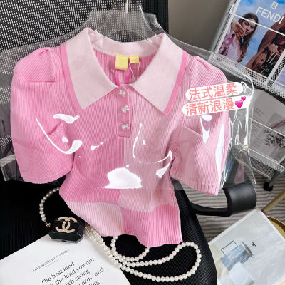 COCONI เสื้อโปโลแขนพองถักเสื้อยืดผู้หญิงใหม่สไตล์เกาหลีเข้ารูปพอดีง่ายต่อการจับคู่ด้านบน เสื้อ ผญแฟชั่น