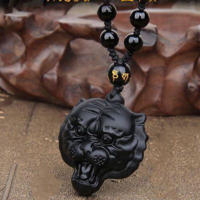 จี้หยกธรรมชาติ Obsidian Tiger Head จี้เครื่องประดับ Fine เครื่องประดับ Exorcise Evil Spirit Amulet คริสตัลจี้