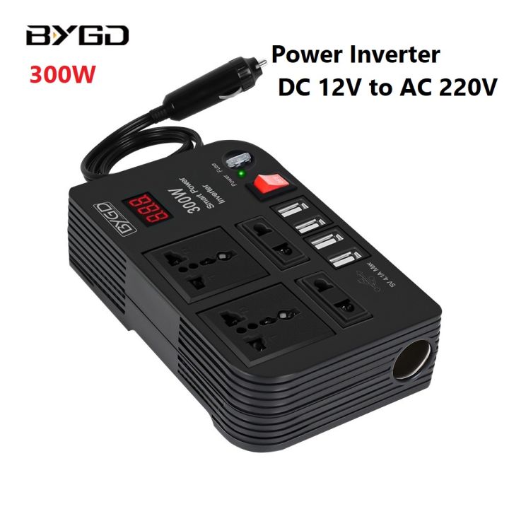 อินเวอร์เตอร์ในรถย-300w-ยอินเวอร์เตอร์อะแดปเตอร์-smart-power-inverter-dc-12v-to-ac-220v-usb-5v4-1a-ports-4-ac-outlets
