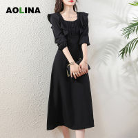 AOLINA ฤดูใบไม้ร่วง2022พองแขน,Peplum,สแควร์คอ,เอวสูงพร็อพสีดำแขนยาว A-Line Dress