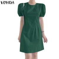 COD DSFGRDGHHHHH VONDA Women Korean Summer Round Neck Puff Sleeve Short Sleeve Plain Tunic Mini Dress