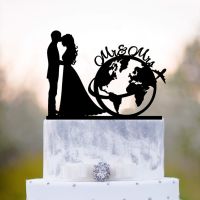 World Map Travel Theme Wedding Cake Topper Bride and Groom Mr Mrs Cake Toppers Acrylic Engagement Anniversary Decoration