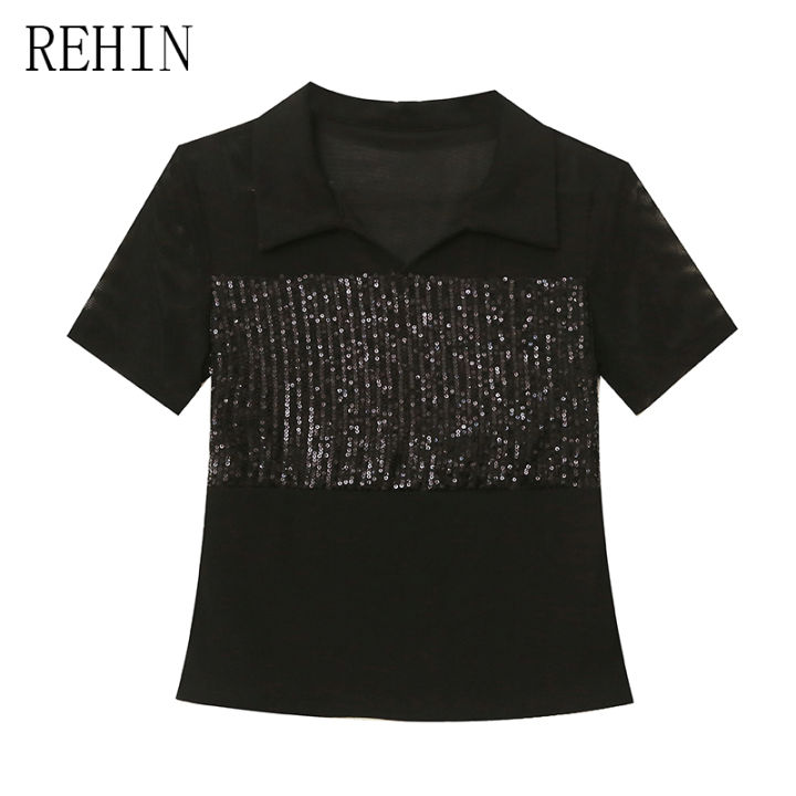 rehin-เสื้อยืดเข้ารูปพอดีครอปเสื้ออเนกประสงค์แขนสั้นคอวีแผงปักเลื่อมใหม่ฤดูร้อน