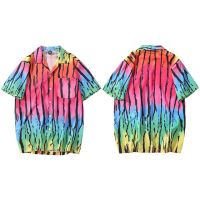 2021 Hip Hop Shirt Streetwear Men Hawaiian Shirt Tie Dye Rainbow Black Stripe Shirts Short Sleeve Harajuku Beach Shirt Summer