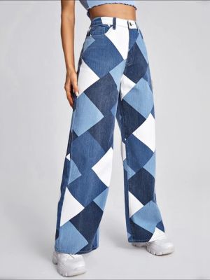 กางเกงยีนส์สีน้ำเงินสำหรับผู้หญิงกางเกงผู้หญิงยีนส์เอวสูงทรงหลวมพิมพ์ลายฤดูใบไม้ร่วงใหม่2023