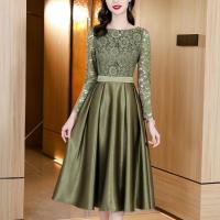 【YF】 Evening Dresses for Women 2022 French Style Long Sleeve Olive Green Formal Dress Lace Splicing Satin Fake Two Pieces Party