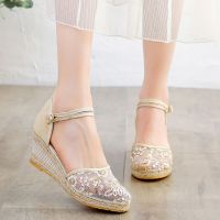 [COD] Wedge sandals womens summer all-match fashion breathable ethnic style linen travel lace mesh gauze high-heeled women