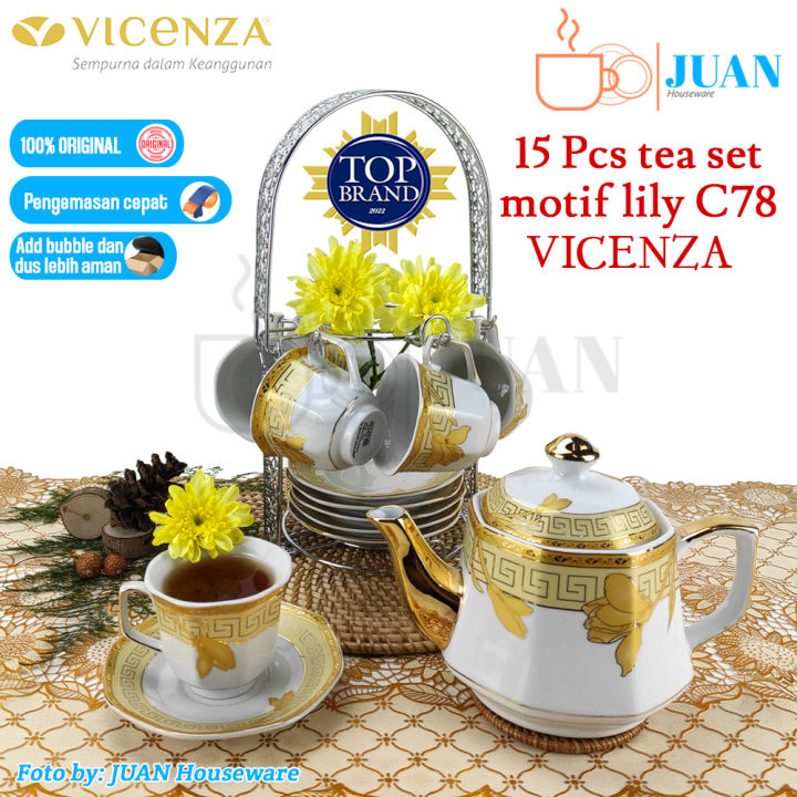 Vicenza Perangkat Minum Tea Set Porcelain Motif Lily Cangkir Set Teko Rak Coffee Set 2320