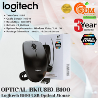 (B100) MOUSE (เมาส์สาย) LOGITECH 800DPI 3 Buttons USB 2.0 สายยาว 1.8 เมตร (3Y) ของแท้ SYNNEX