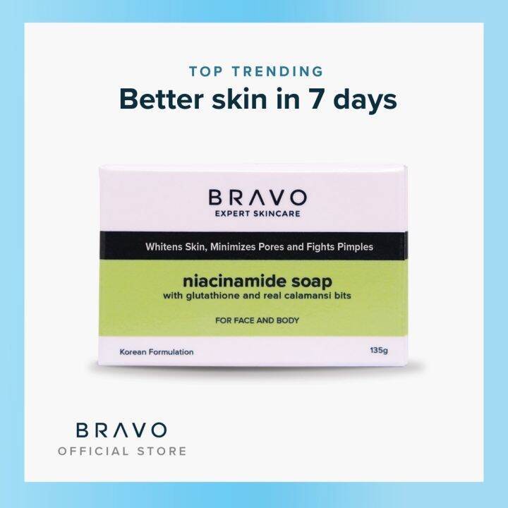 Bravo Niacinamide Soap for Acne Dark Spots Oily Skin with Glutathione