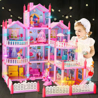 บ้านตุ๊กตาเจ้าหญิงวิลล่าขนาดใหญ่แบบทำมือโคมไฟ3D สีชมพูบ้านเล่นปราสาทพร้อมชุดลานสไลด์ประกอบบ้านตุ๊กตาของเล่นของขวัญสำหรับเด็กผู้หญิง Madeline