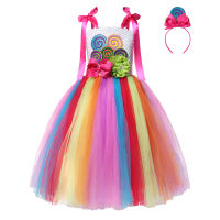 Sweet Candy Dress Kids Rainbow Knitting Dress Children Lollipop Modeling Tulle Ball Gown With Headband Happy Purim Costumes