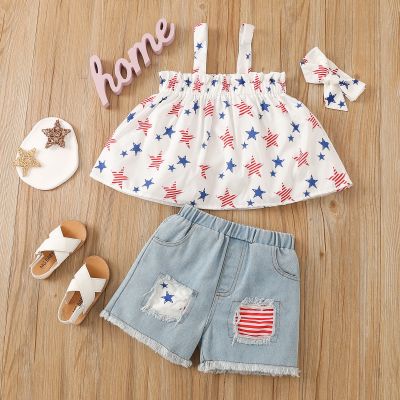 [COD] Childrens Independence Day Clothing 2022 Star Print Sling Hair Accessories Ripped Denim Shorts Three-piece Set
