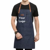 【jw】۞ Logo Custom Denim Apron With Leather and PocketsBeauty Studio Barber Bakery Employee Waiter Uniform