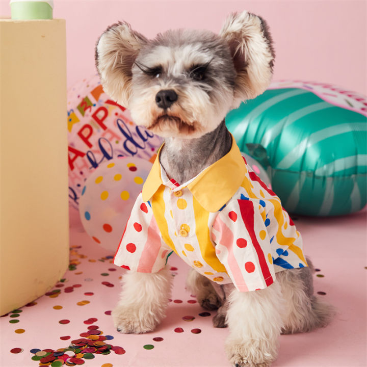 dy-loving-เสื้อผ้าสุนัขน่ารักชุดคอสเพลย์ตัวตลกดีไซน์ใหม่ชุดสุนัขชิสุชุดเดรสปาร์ตี้ชุดคู่เสื้อลายจุดหลากสี
