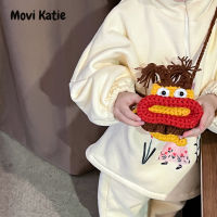 Movi Katie กระเป๋าโทรศัพท์มือถือตกแต่งเปลี่ยนสีได้สีตัดกันน่ารักกระเป๋าสะพายไหล่ขนสัตว์ถักลายการ์ตูนตลก