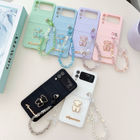 เคสโทรศัพท์สีทึบน่ารักลายหมี3D สร้อยข้อมือลูกปัดสำหรับ Samsung Galaxy Z Flip 4 Z 3 5G ฝาหลังกันกระแทก Flip4 Flip3ติดโบว์สายโซ่เคสแข็ง