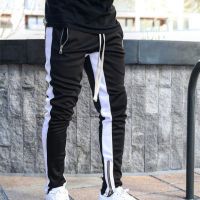 【YD】 Men Jogger Pants Sport Sweatpants Contrast Color Elastic Waist Drawstring Side Zippered Trouser panroupas masculinas