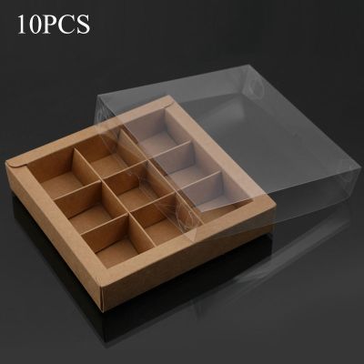 10Pcs 9 Grids Kraft Paper Gift Box With Clear Window Chocolate Candy Cookie Paper Boxes Packaging For Business Wedding Party