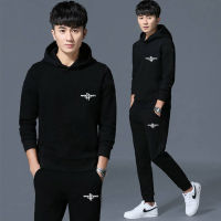 ผู้ชายฤดูใบไม้ร่วง Hoodie สองชิ้นชุดแฟชั่นพิมพ์เสื้อฮูดสีพื้น Streetwear ชายเสื้อ5XL