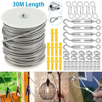 56PCS/Set 30/15 Meter Steel PVC Coated Flexible Wire Rope Soft Cable Transparent Stainless Steel Clothesline Fence Roll Kits