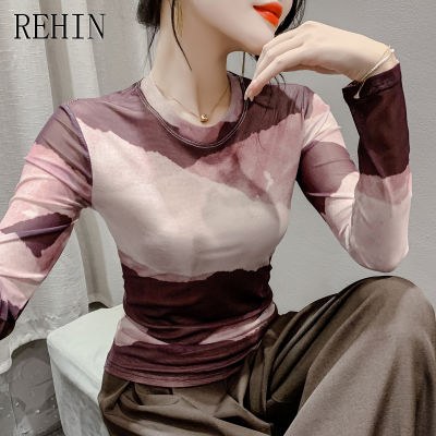 REHIN มาใหม่ล่าสุดเสื้อซับในแขนยาวสำหรับผู้หญิง,เสื้อซับในคอกลมเข้ารูปพอดีตัวสไตล์ยุโรปแฟชั่นสไตล์เสื้อยืดอินเทรนด์