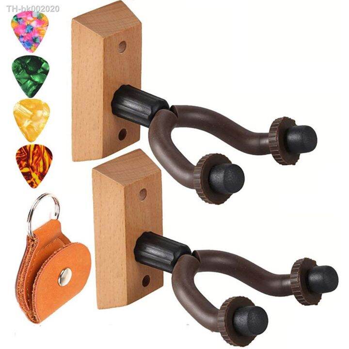 2-pc-classic-wood-abs-guitar-hanger-hooker-with-pick-bag-and-4-picks-durable-base-steel-hook-adjustable-wall-mount-stand